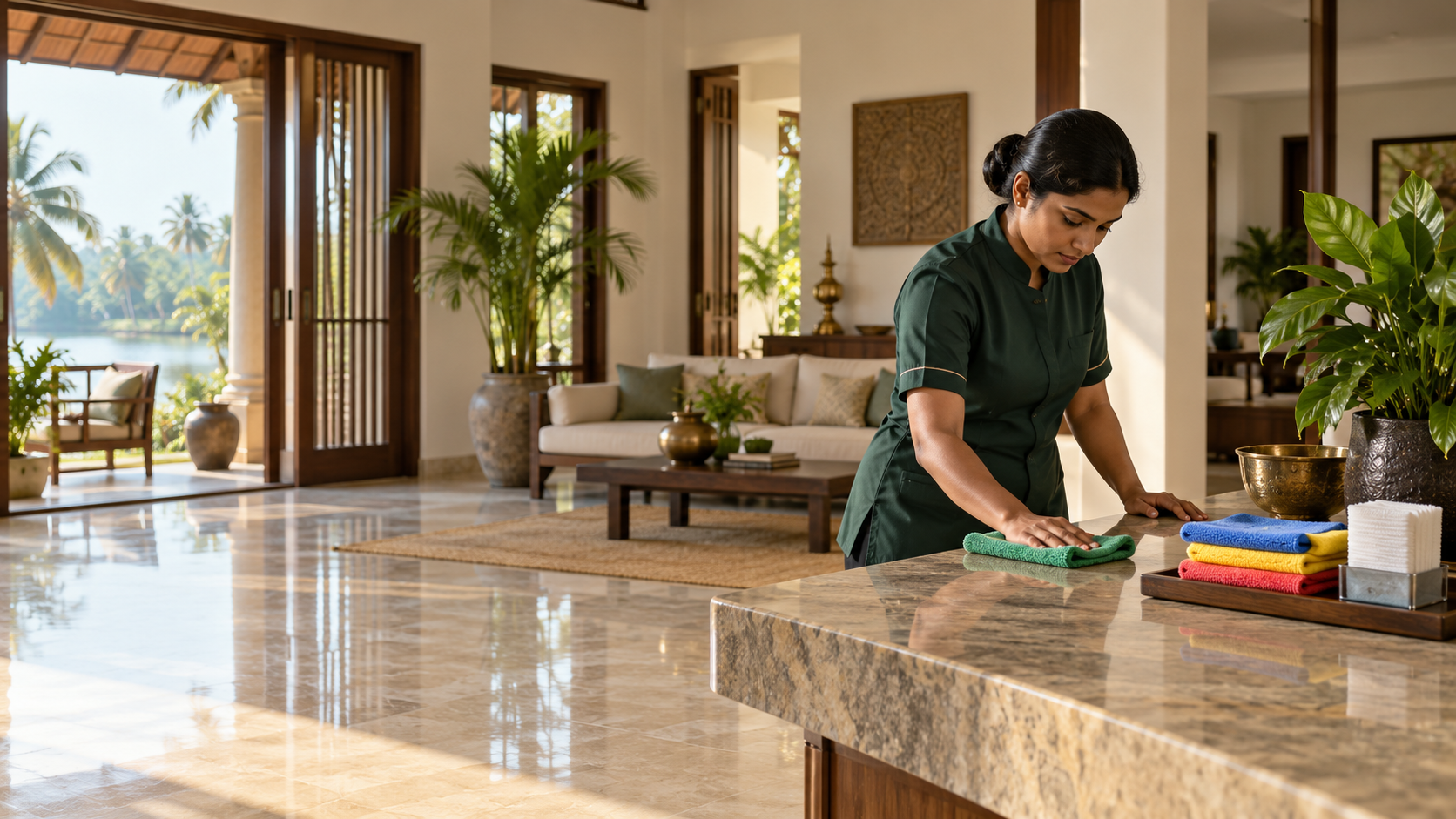 Evervanta care professional tending a delicate stone surface with careful, color-coded materials